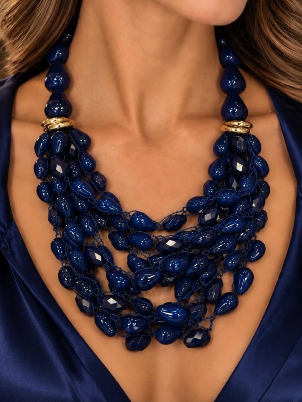 A6 Elegant Multi-Strand Navy Beaded Necklace